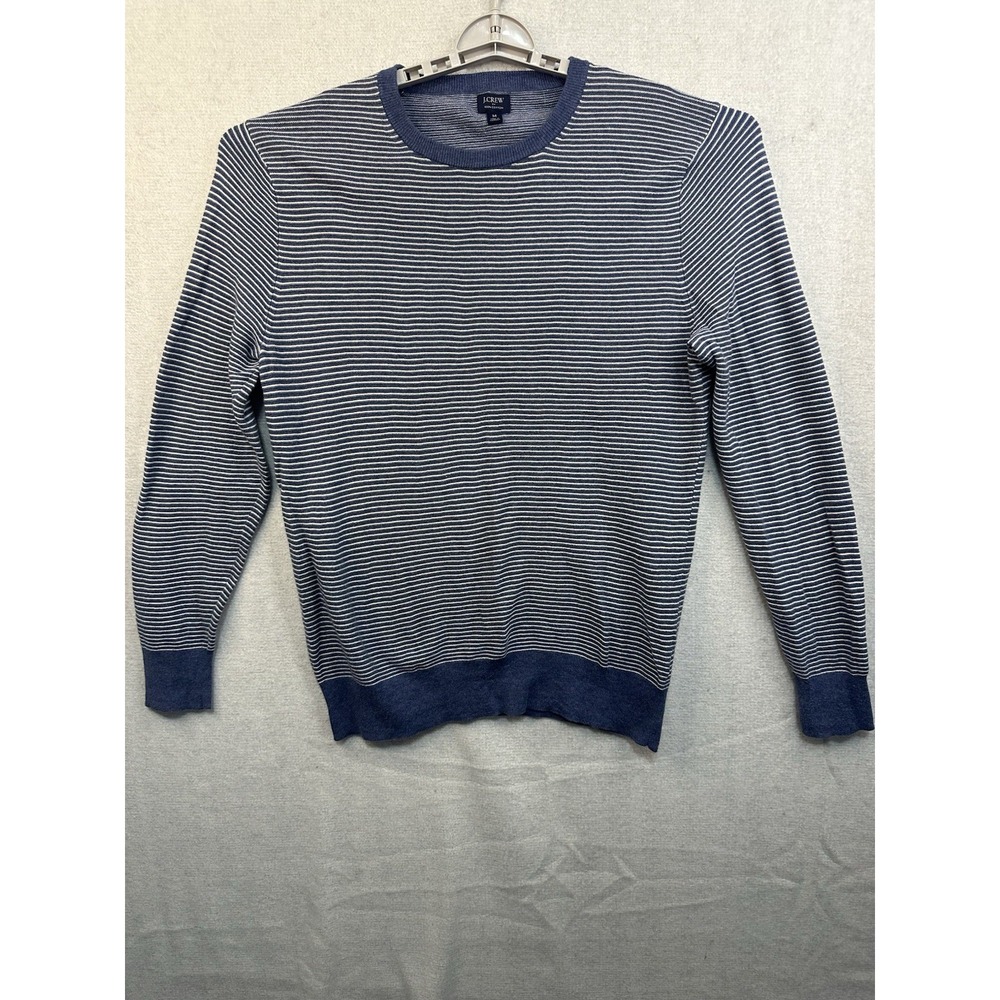 J Crew‎ Cotton Crewneck Sweater In Striped Garter Stitch Medium Blue & White